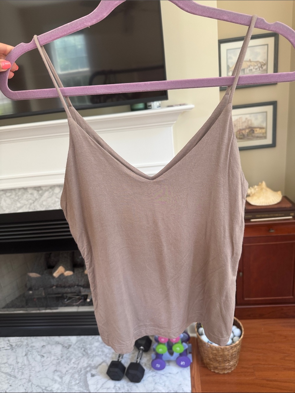 American Threads Double Lined Women’s V-Neck Spaghetti Strap Tank Top - Taupe